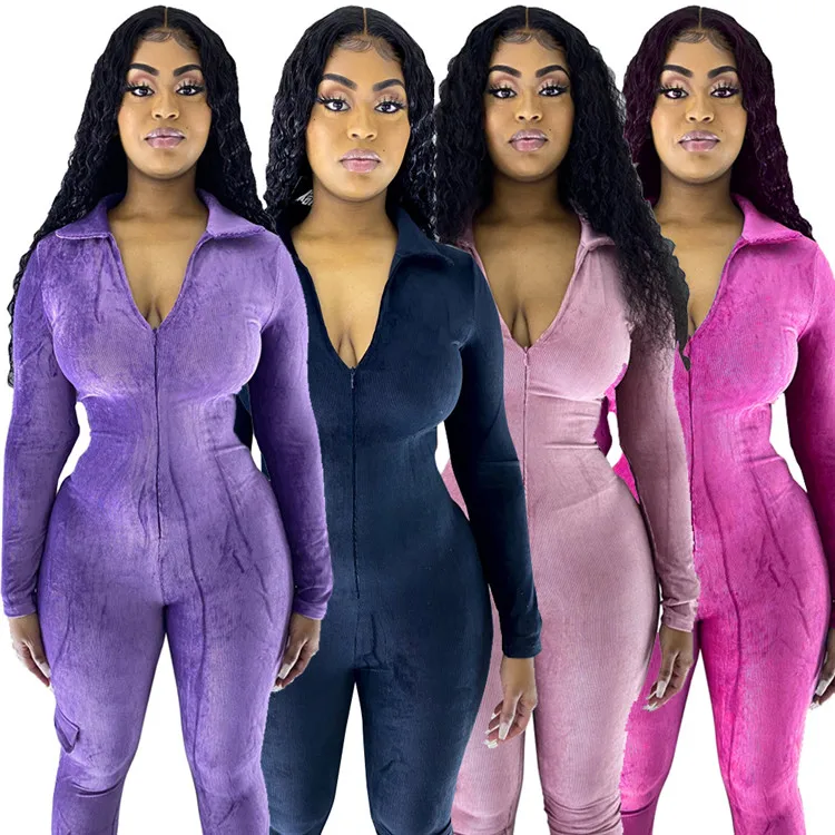 

2021 Winter Customized logo long sleeve street wear sexy women casual jumpsuits short zipper velvet stacked jumpsuit, Pink, purple, black, fuchsia