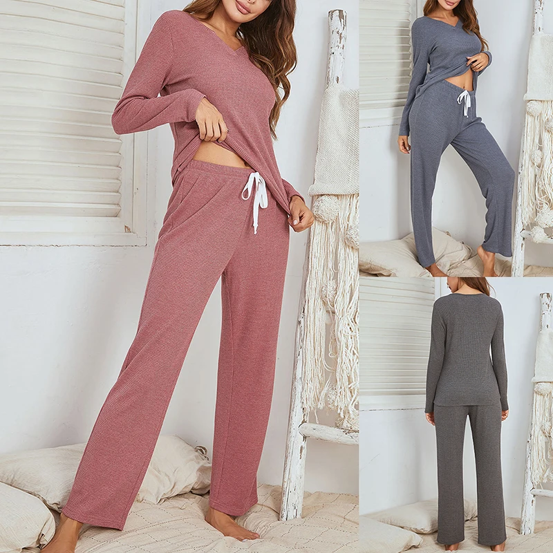 

Women Long Sleeve Solid Color Pajamas Set Two Pieces Set Top Elastic Waist Loose Drawstring Pants Women Homewear