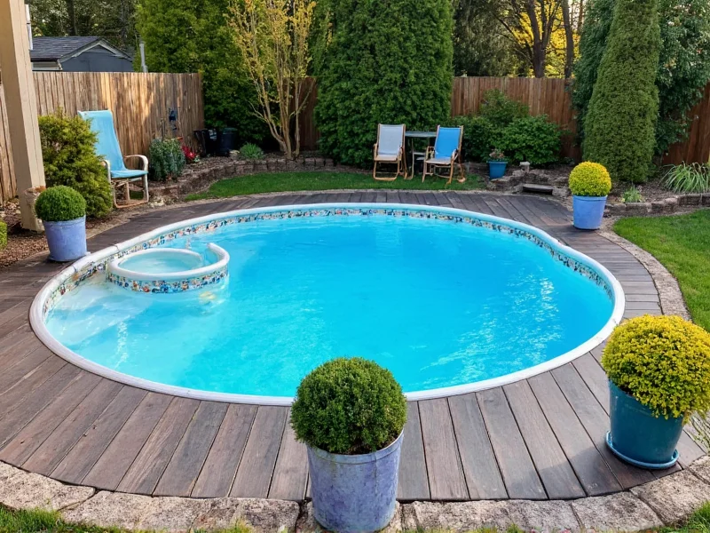 Decorated stock tank pool with wooden deck and potted plants