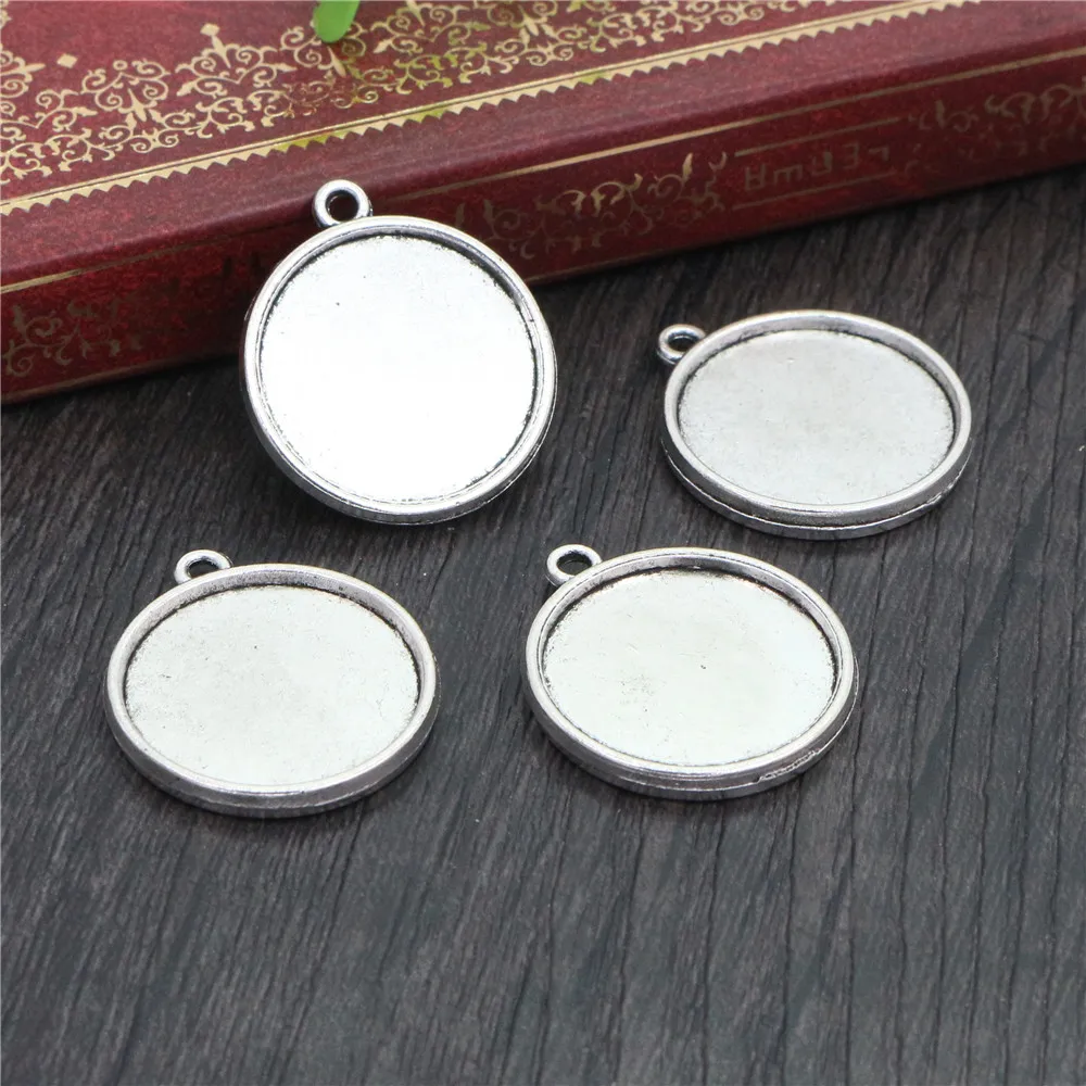 20mm Inner Size Antique Silver Plated Classic Style Double Side Cabochon Base Setting Charms Pendant Blank Bezel Tray