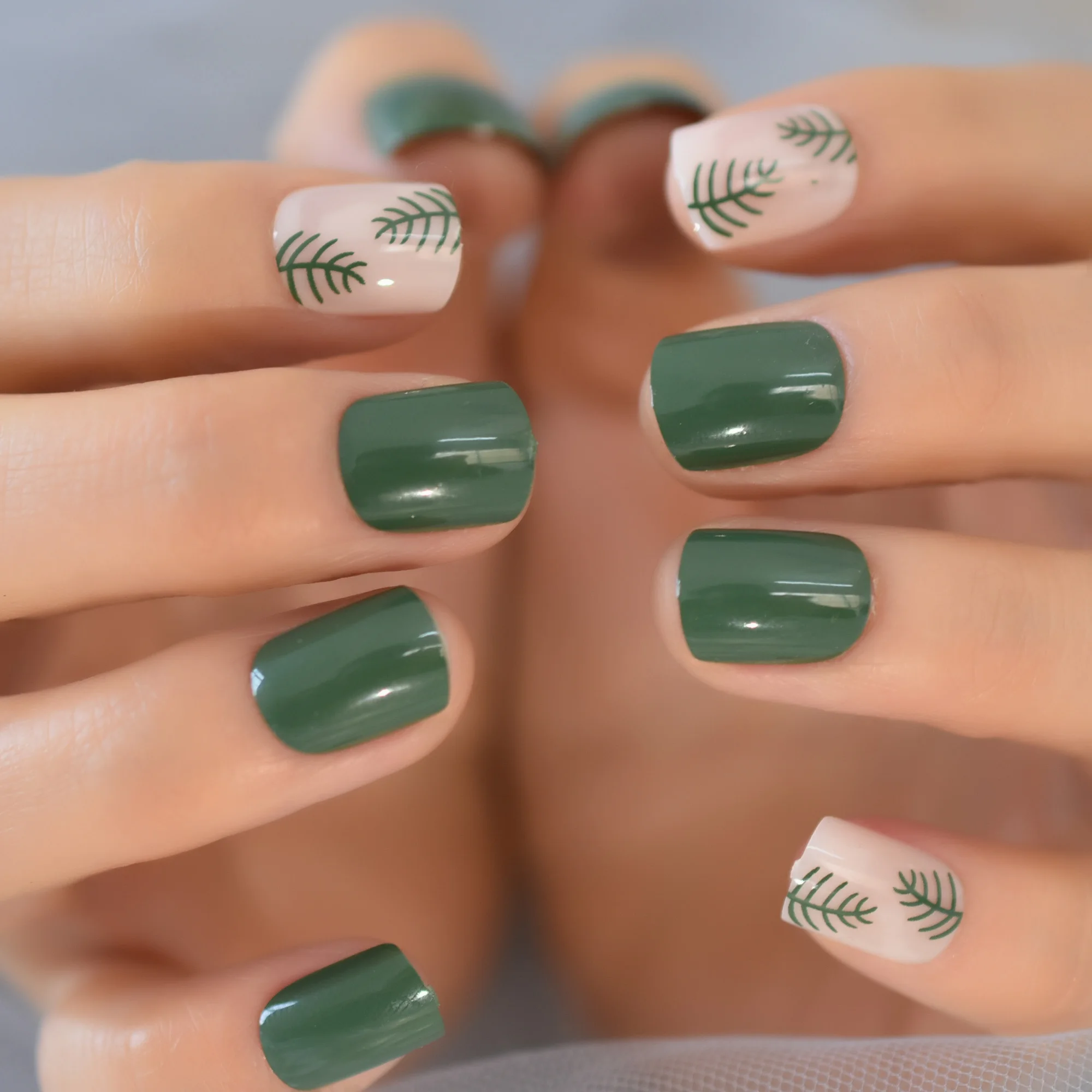 

Green And Nude Press On Nail With Grass Pattern Stickers On Nails Tips Short Squoval Fake Nail