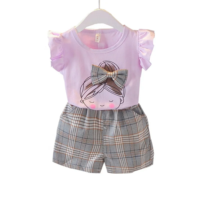 

Wholesale Summer Rose Purple Pink 1-8 Years Old Two-piece Clothing Sets Casual Children Girls Shirts Clothes