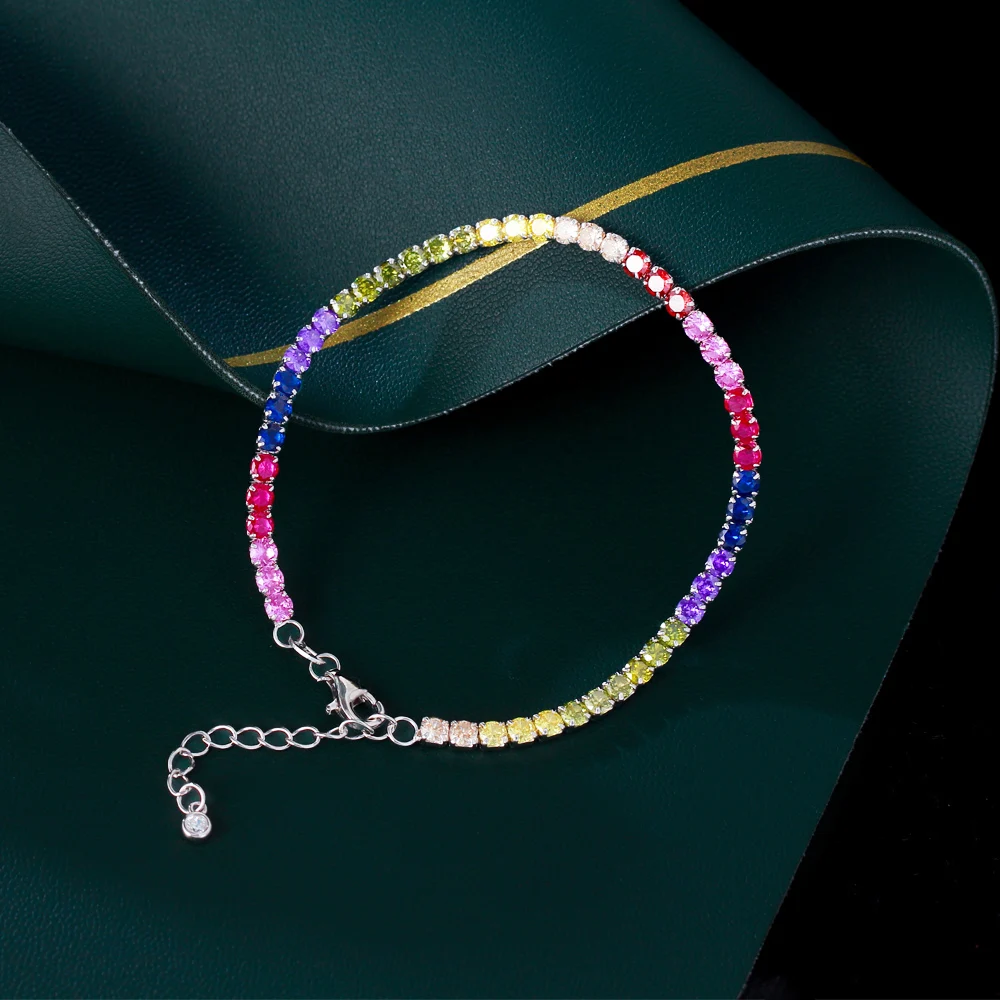 Fine Jewelry Tennis Bracelet Round Cubic Zircon CZ S925 Sterling Silver Rainbow Color 2.5mm Tennis Bracelet for Women