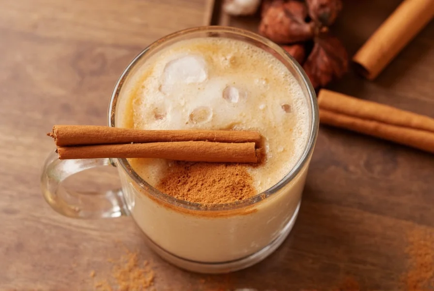 Close-up of golden turmeric and cinnamon drink in ceramic mug with cinnamon sticks and fresh ginger on wooden table