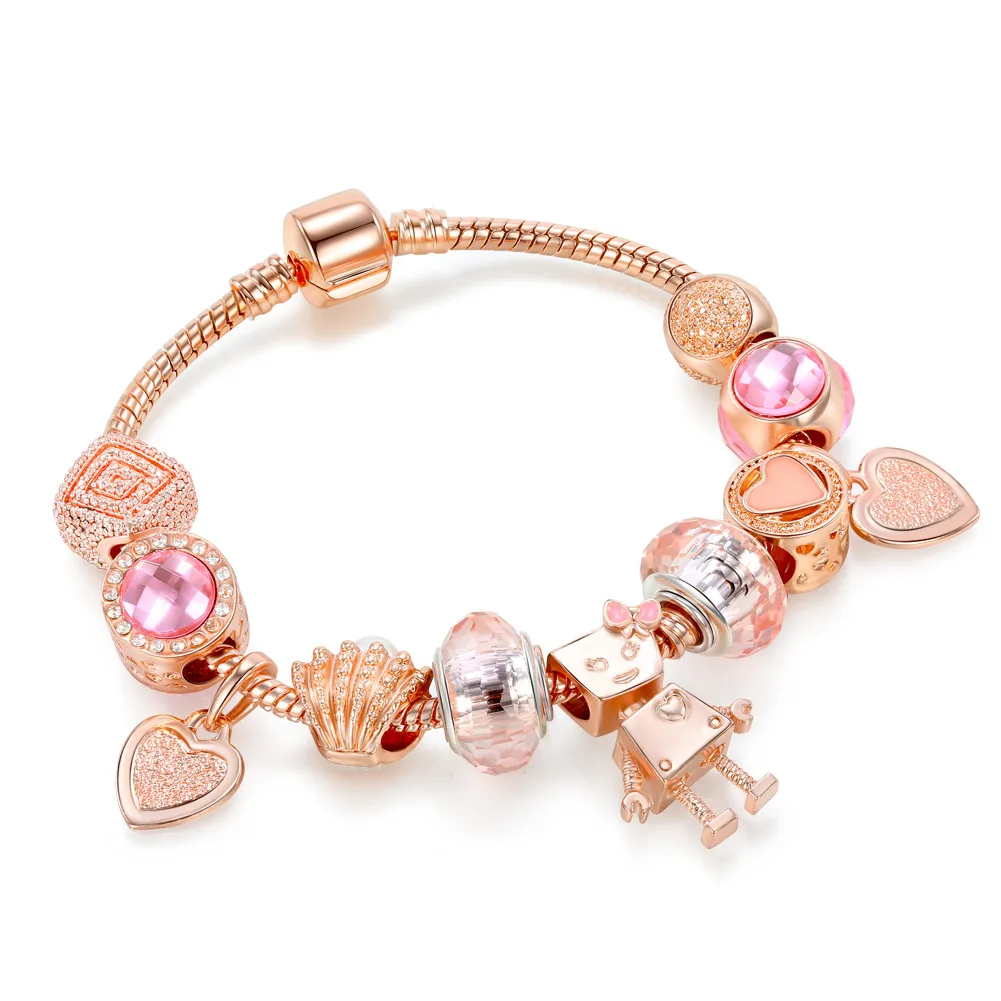 

New European Macroporous Beads Boutique Bracelet Wholesale Rose Gold Cute Robot Heart kids Charm Bracelets, As picture showed