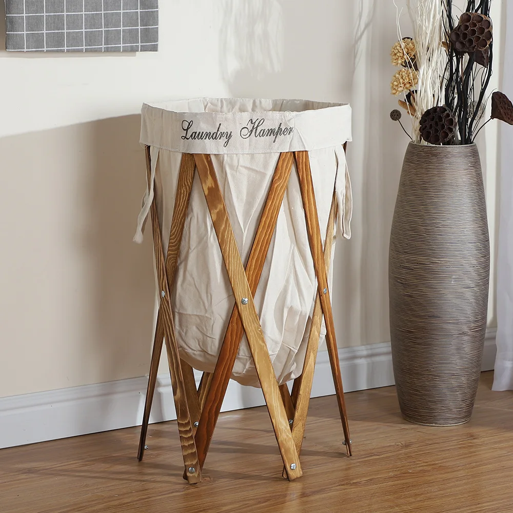 

Home Use Foldable Wood Laundry Basket Canvas Laundry Bag