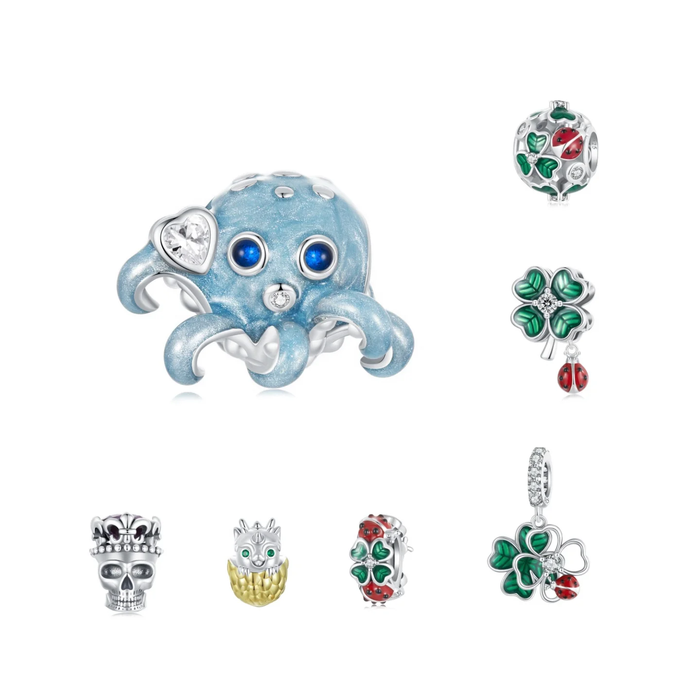 

925 Sterling Silver Fashion Jewelry Pendant For Bracelet Fine Jewelry Bead Zirconia Enamel Four Leaf Clover Octopus Skull Charms