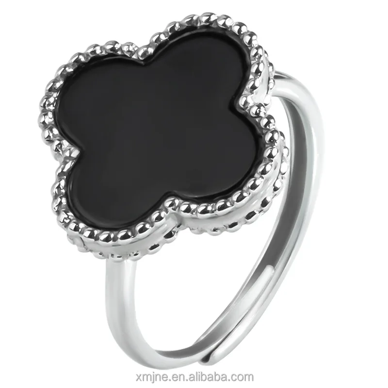 

925 Silver Inlaid Natural Ink Jade Grade A Jadeite Ink Jade Four-Leaf Clover Ring Jade Fashion Women's Ring Adjustable