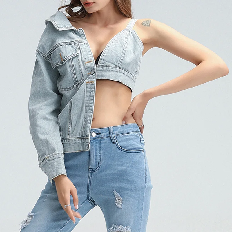 

Amazon New Style Women Jeans Jackets Irregular Crop Tops Coats Turn Down Collar Fashion Women Jeans Coats, Picture showed