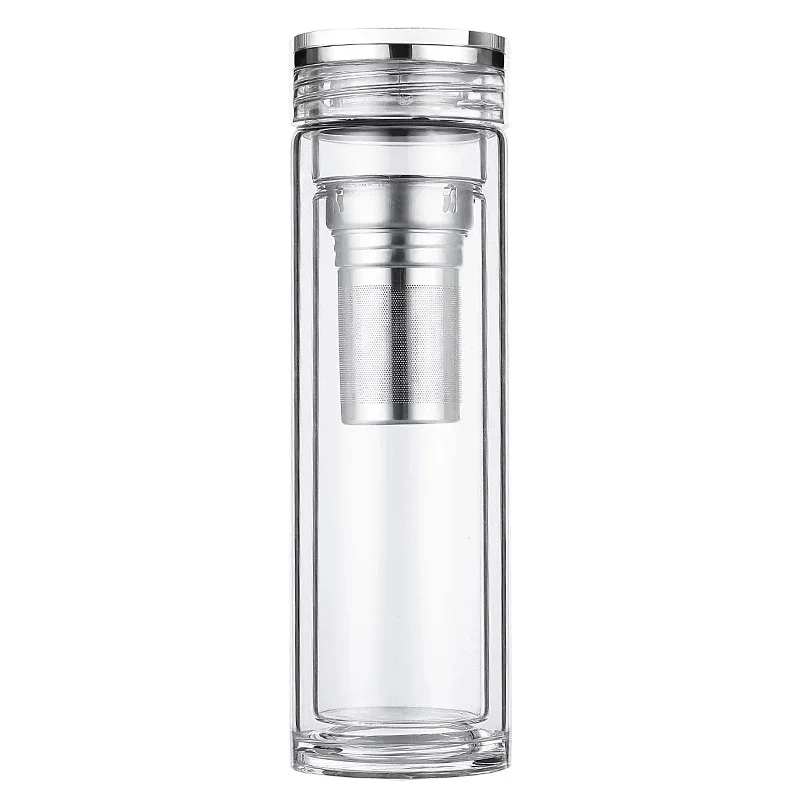 

Hot seller double wall tea infuser water glass bottle, Silver