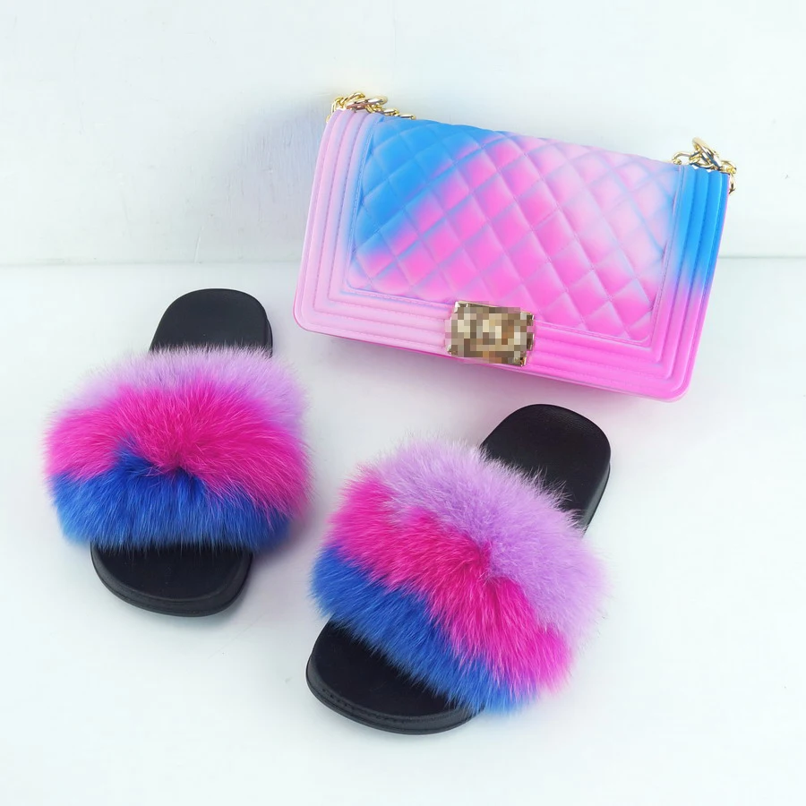 

Top Selling sandals and bag set wholesale New Arrivals Colorful Handbag Jelly Bag and fur slides 2021 Ladies purse and shoe sets, Picture color