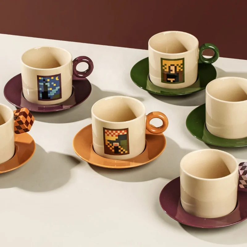 

2024 new products Pixel Arts Abstract painting Nordic Cup Ceramic Coffee Mug Cup And Saucer Set