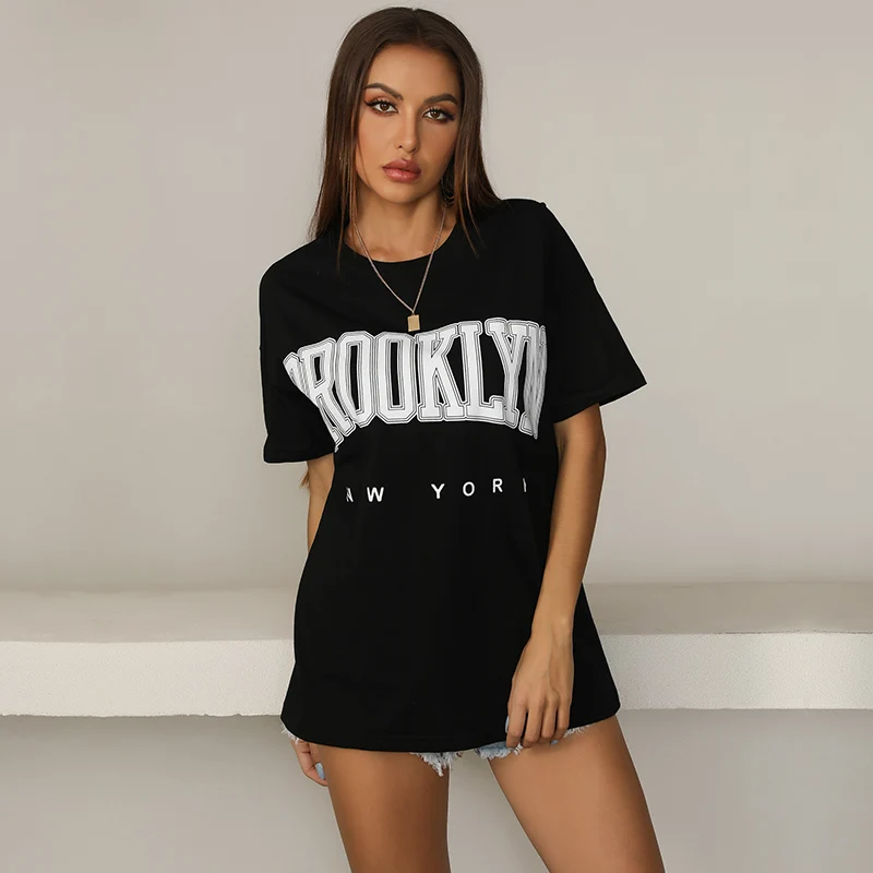 

Heavyweight t shirt woman basic letter graphic tees oversized t-shirt women, Black