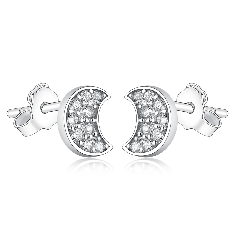 

Fashion 925 Sterling Silver Pave Clear CZ Moon Stud Earrings For Women 925 Silver Leaves Earrings berloque Jewelry