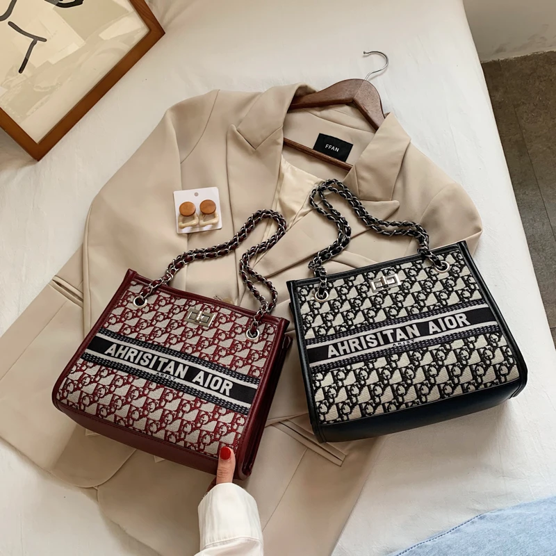 

2021 Newest Trendy Ladies Denim Leather Letter Tote Handbag Woman Handbag, 2 colors