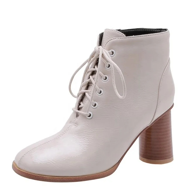 

Super Big Size 48 Women High Heel Short Boots Ladies Round Heels Square toe Booties Block Heels Lace up Dress Ankle Boots, Black white winered