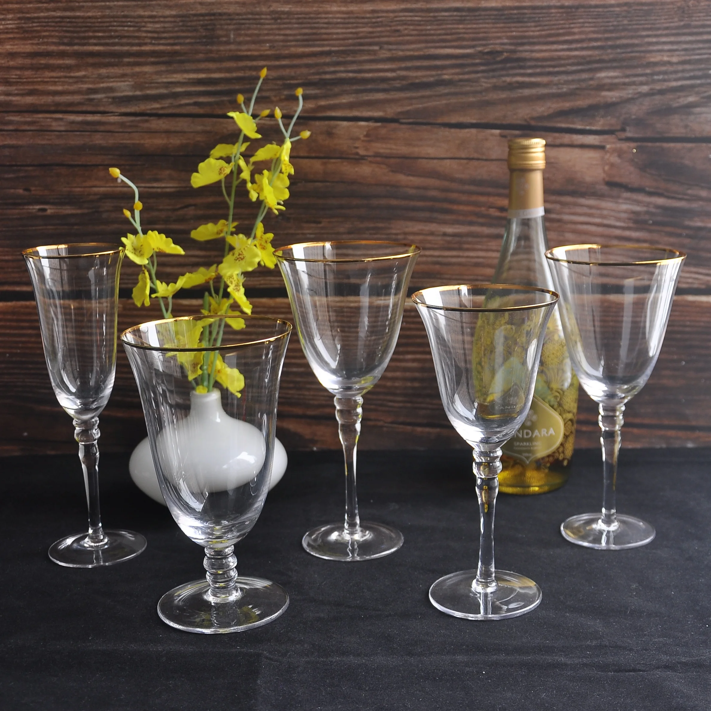 

custom high quality gold rim wedding crystal glass clear goblet wine glasses set champagne flutes banquet