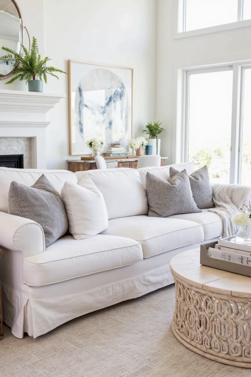 White sofa with removable slipcover