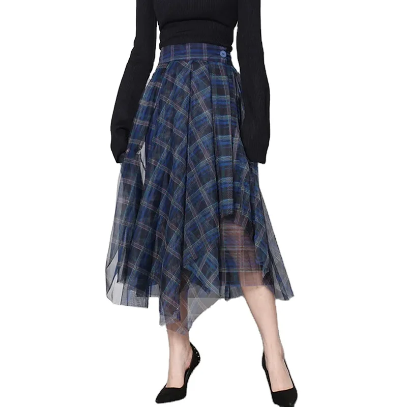 TWOTWINSTYLE Vintage Female Skirt Chiffon Plaid Hit Color Ruched Irregular Patchwork Mesh Hit Color Vintage Style
