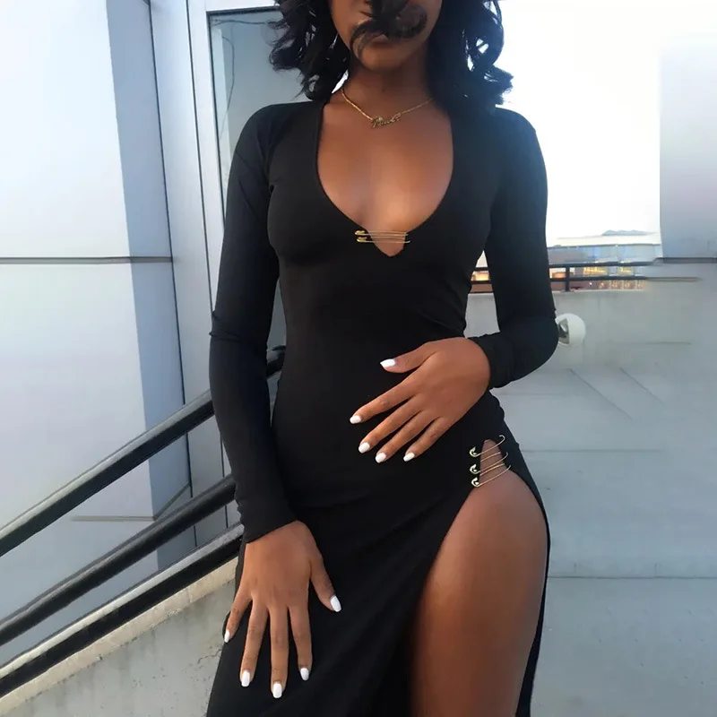 

W0008D Women Solid Color Long Sleeve Slim Body High Slit Pin Dresses sexy long casual club dresses women