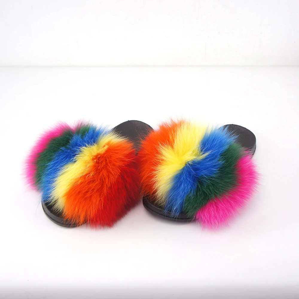 

2021 Hot Selling New Enlarge Real Fur Slippers Women Fashion fox fur slide sandals Custom Women Fashion Fur Slides, Rainbow color or solid