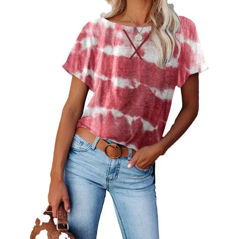 

New summer 2021 women's blouse with cross stripe print short sleeve T-shirt at neckline