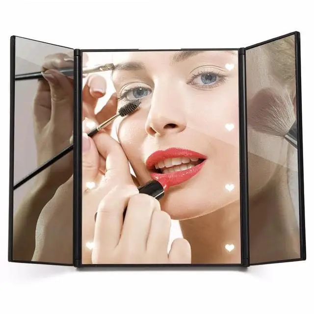 

hand mini Portable Tri-fold Cosmetic Led Lighted Travel Makeup Mirror Desktop Trifold Magnified Make Up Mirror With Lights