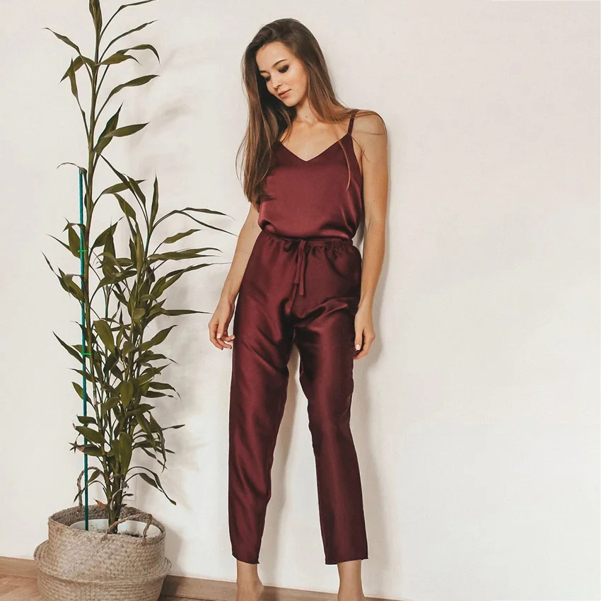 

SUPHIS Elegant V-neck Red White Camisole Top Satin Trousers Casual Sleepwear Lounge Long Pants Homewear Female Sleep Wear