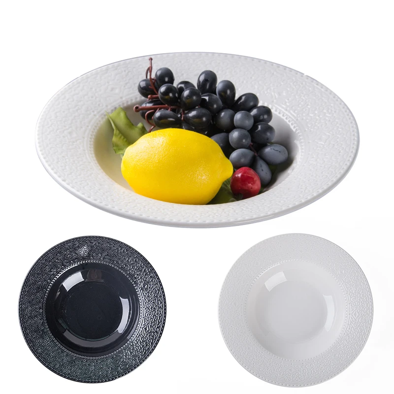 

Creative 12 inch large size Embossed Lace high temperature Ceramic Plate white black bowl for events modern dinnerware sets, Colorful