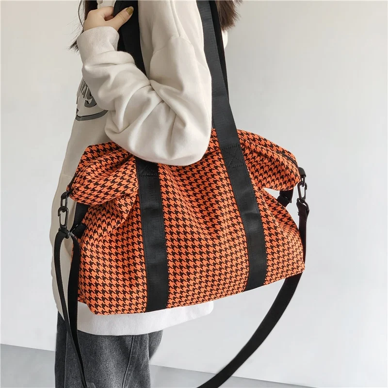 

Green Orange Black Knitted Houndstooth Grid Personality Fashion Durable Weekend Sport Gym Duffle Sling Messenger Tote Travel Bag