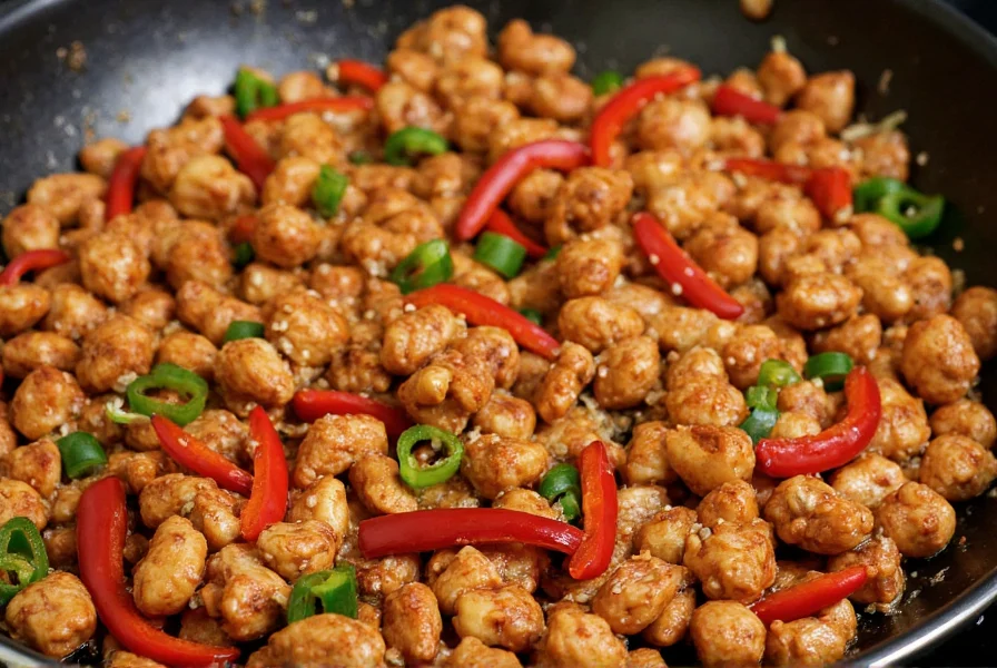 Close-up of Chinese pepper chicken ingredients being stir-fried in traditional wok