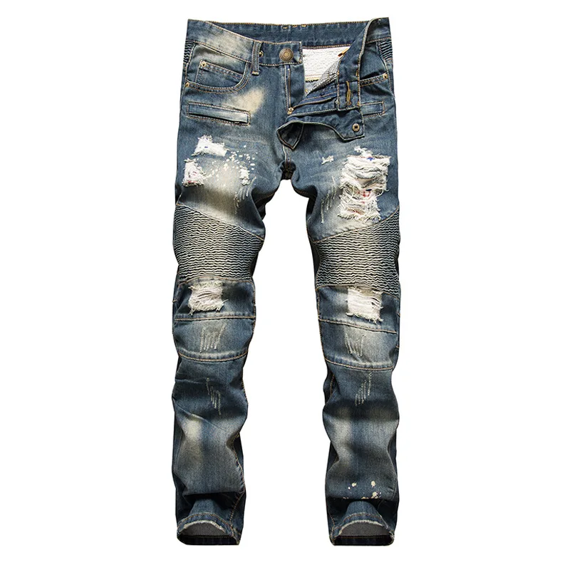 

2022 Jeans men's foreign trade nostalgic broken hole locomotive Jeans Straight Tube fashion beggar personalized pants, Customized