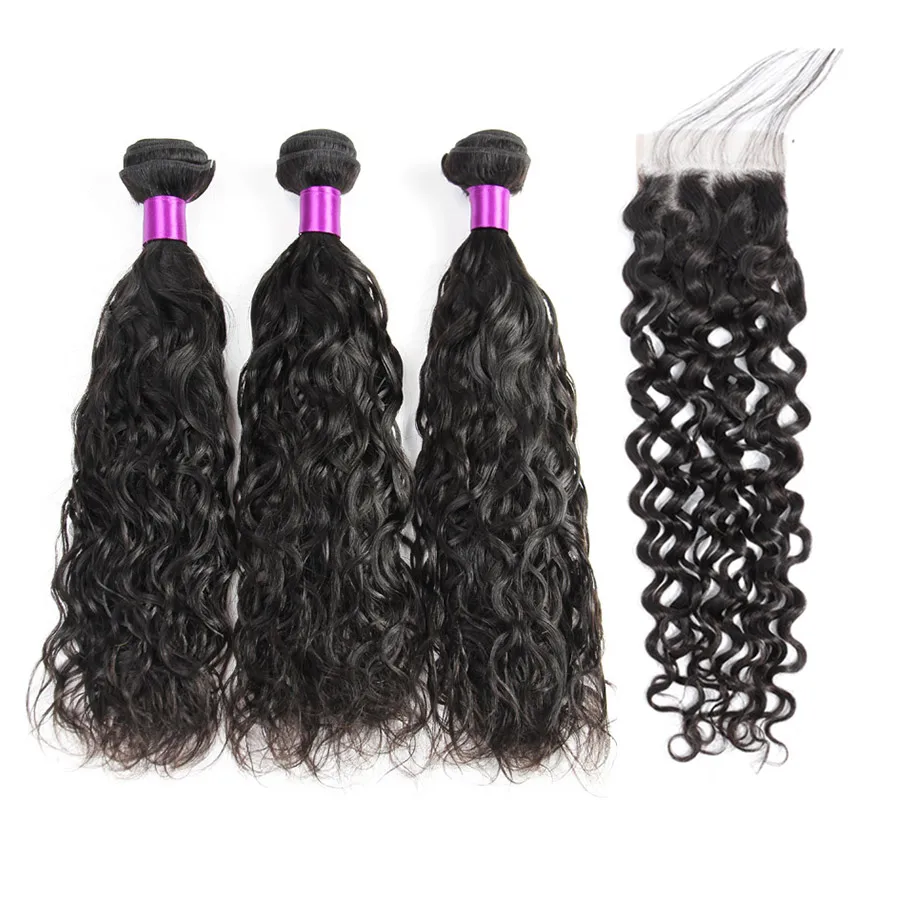 

STOCK Water Wave curly natural cuticle aligned cheap wholesale brazilian Grade 7A human hair weave extension bundle with closure