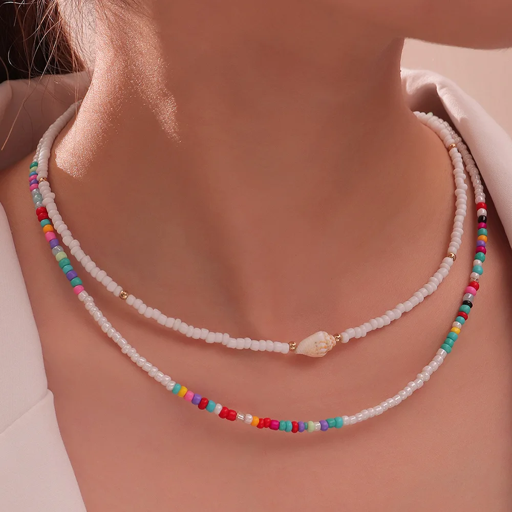 

Double Shell Pendant Chain Short Choker Necklaces New Bohemia Handmade Rice Beads Necklace For Women, Picture