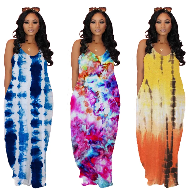 

Wholesale Casual Slip Sleeveless Tie Dye Print Loose Breathable Straight Summer Outdoor Wear Women Long Dresses