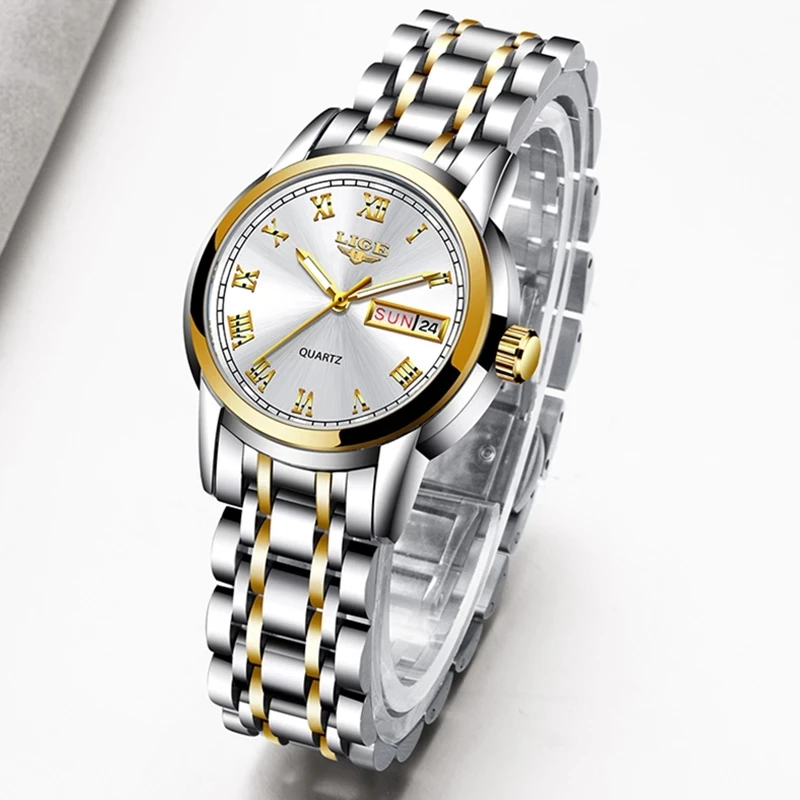 

Lige 10007 Two Tone Quartz Watch for Ladies Calendar Water Resistant Luxury Stainless Steel Watches Women