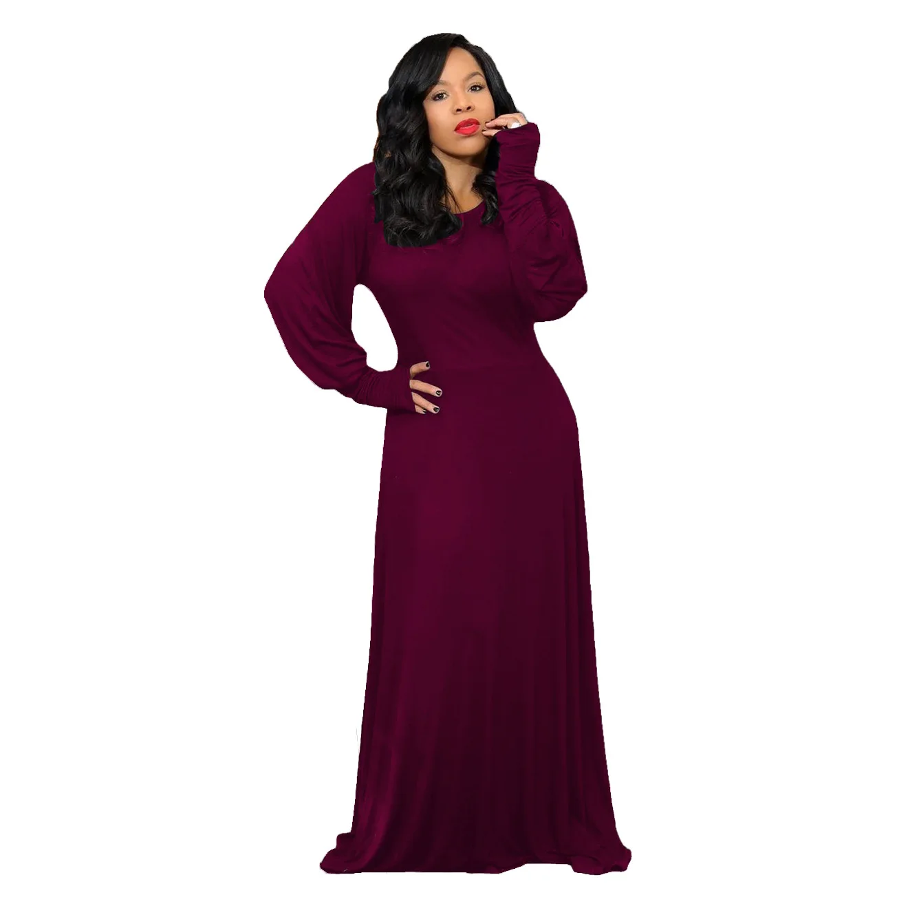 

European And American Autumn Fashion Casual African Women'S Evening Dress Lantern Sleeve Pure Color Long Maxi Dress, Picture color