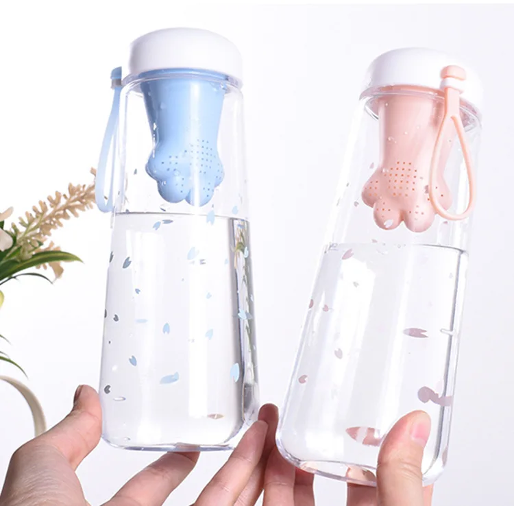 

Promotional new 500ml cat paw with infuser filter leakproof drinking cup clear kawaii reusable sport plastic water bottles, Customized color