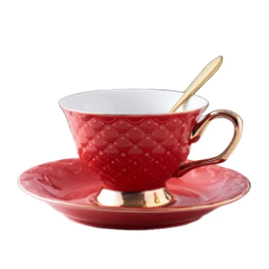 

Fancy Golden Handle Fish Scale Ceramic Coffee Milk Tea Cup and Plate Set, Red/pink/yellow/light-green/green/light-blue