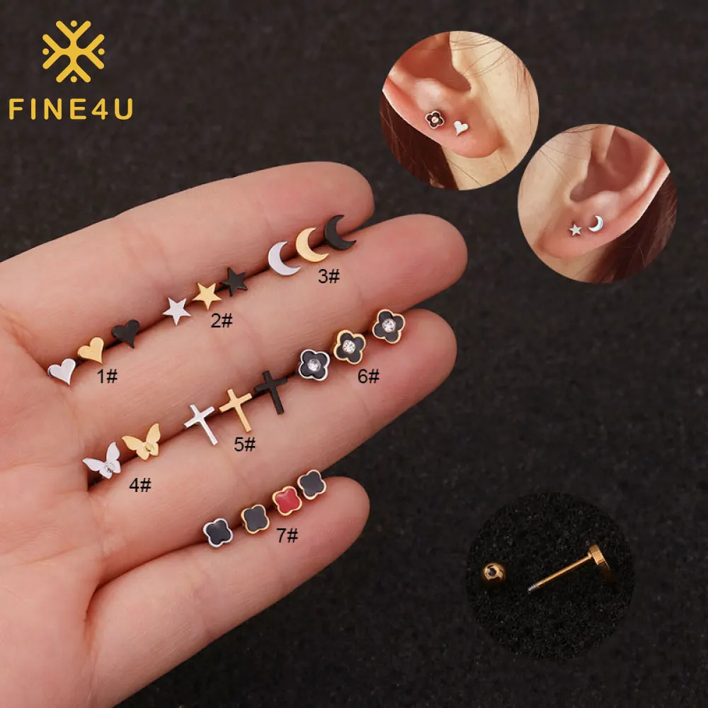 

Fashion Jewelry Stainless Steel Gold Tiny Clover Flower Moon Star Cross Butterfly Stud Earring For Women