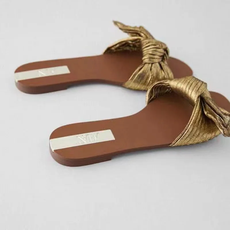 

2022 Summer new arrival fashion flat metal bow knot casual slippers women shoes retro outdoor chic beach lazy slides&slippers, Brown or customized