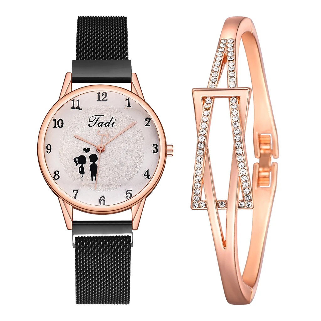 

Women Watch Alloy Magnet Mesh Band Woman Clocks Couple Bracelet Combination Set Wristwatches Black Luxury Quartz Relogio reloj, As show