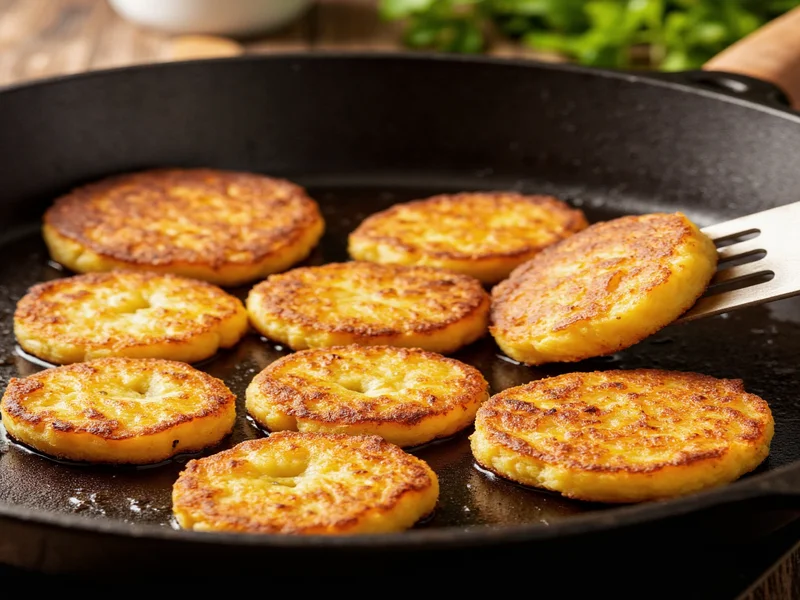 Golden hash browns frying in cast iron skillet with spatula