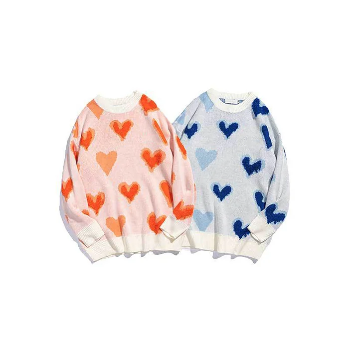 

2021 Billions Fashion Long-sleeved Unisex Towel Embroidery Heart Knitted Sweaters Round Neck Couples Knitwear, Picture