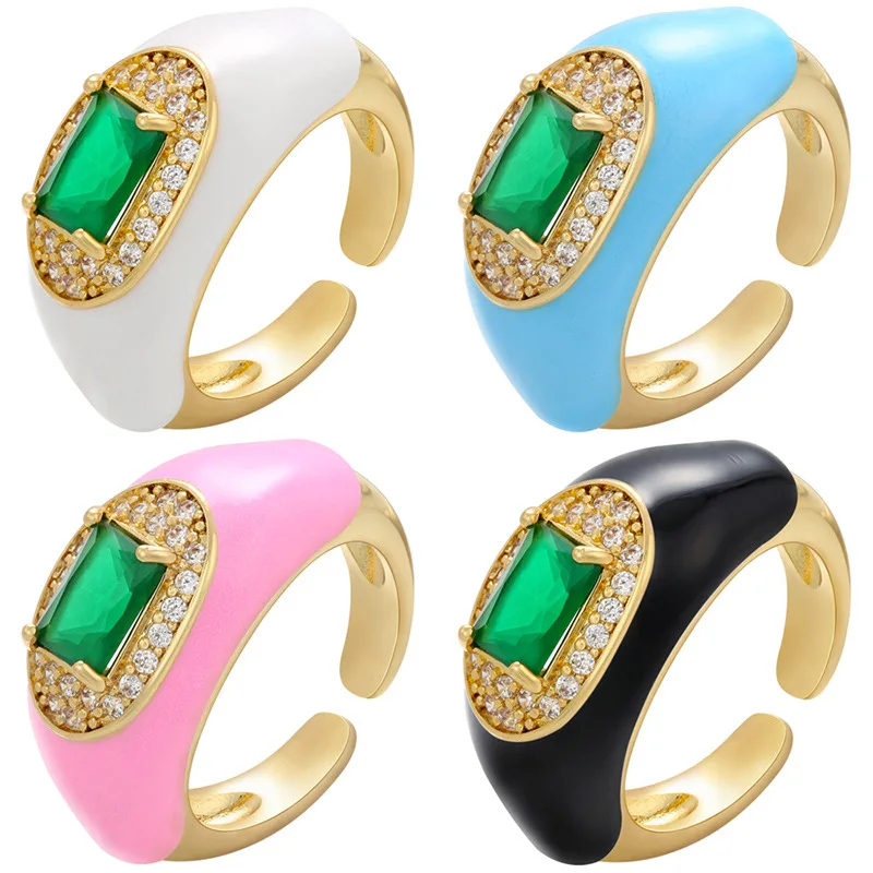 

Simple Copper Colorful Zircon Finger Ring For Women Wedding Adjustable Stackable Green Crystal Enamel Ring, Picture shows