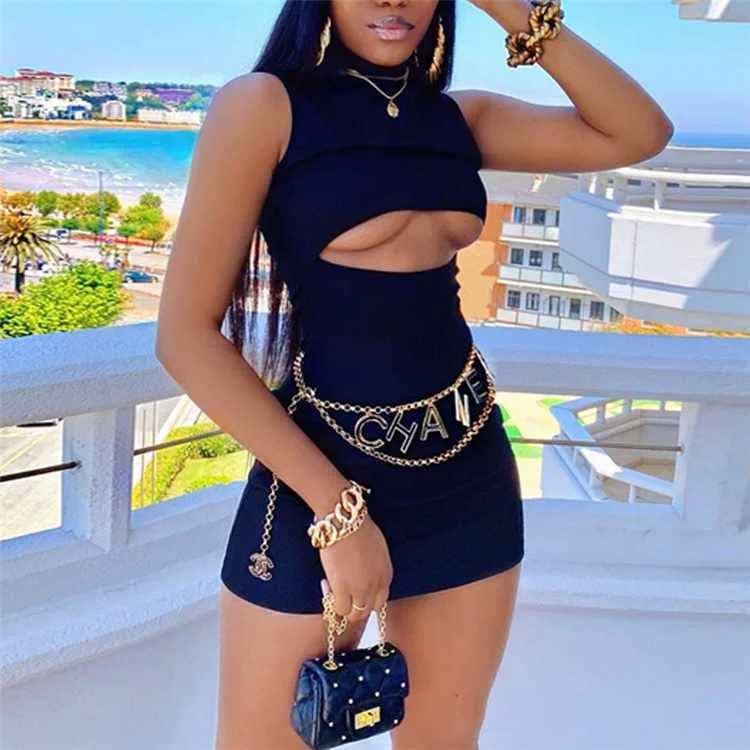 

Sleeveless Solid Color Turtleneck Women Club Dresses Sexy Mini Cut Out Mini Dress Sexy, Customized color