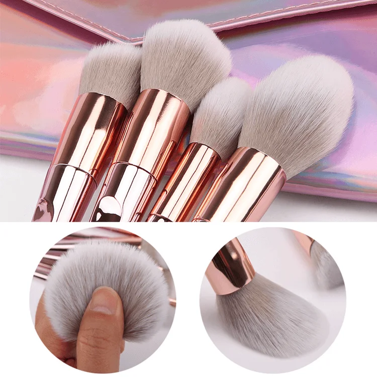 Wholesales 10 Pcs Rose Gold Laser Luxury Vegan Pink Professional Wood Custom Private Label Makeupbrush Makeup Brush Bag Set