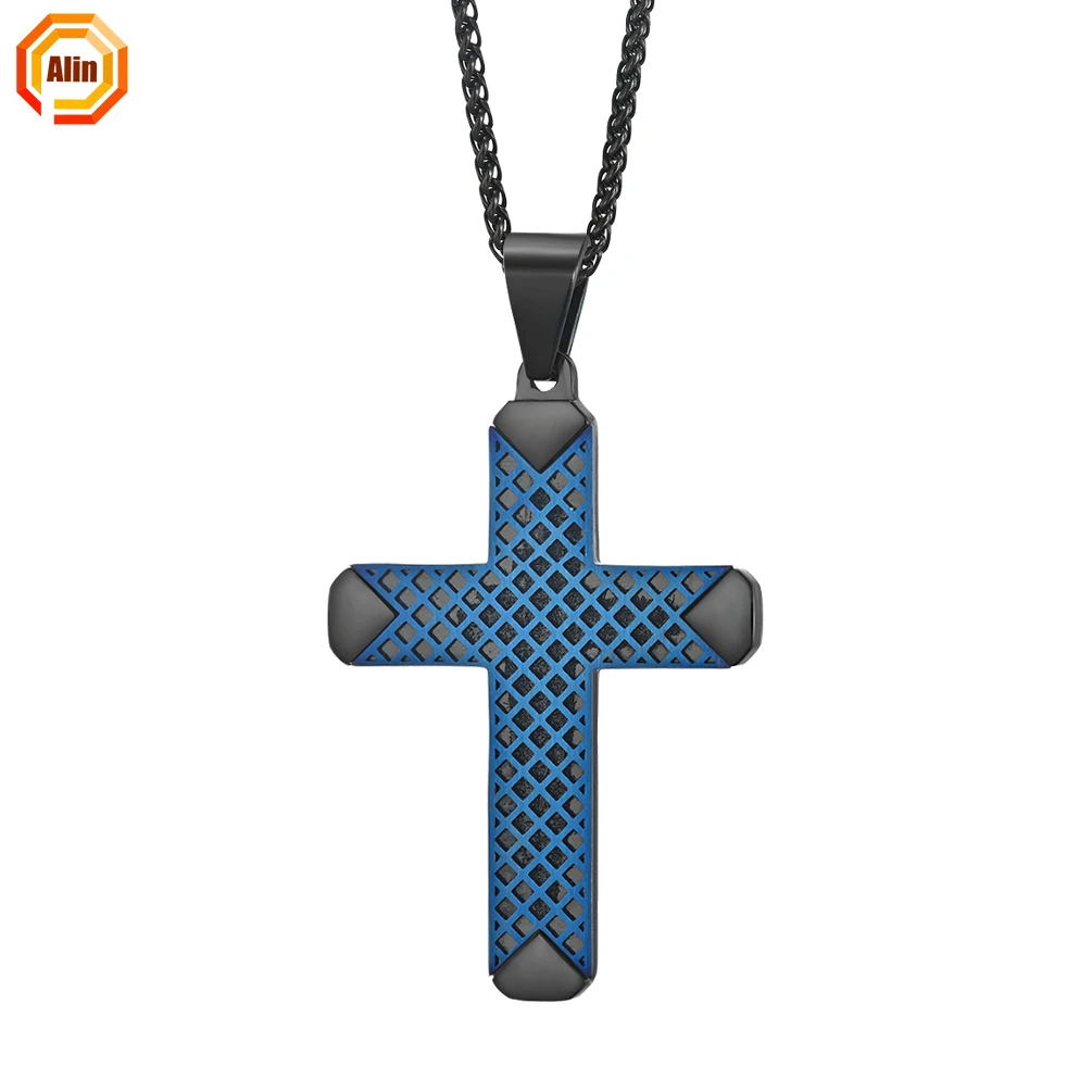 

2021 stainless steel 316L fashion necklace pendant men's Grid style design stainless steel two-color cross pendant for men