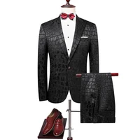 

Top design fashion crocodile pattern black jacquard groom suit tuxedo 2 piece jacket trousers men slim suit wholesale