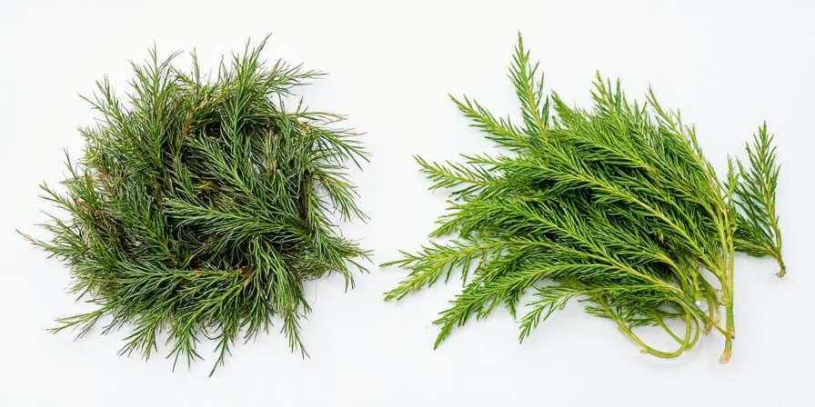 Side-by-side visual comparison of fresh and dried dill